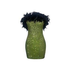 NWT Monaco Olive Green Sequin Feather Strapless Bodycon Mini Dress Party